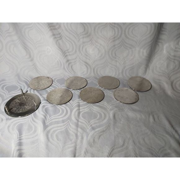 Vintage Beautiful Silver Plated Set-Of-Six Drinking Glass Coasters With Stand - Picture 7 of 7